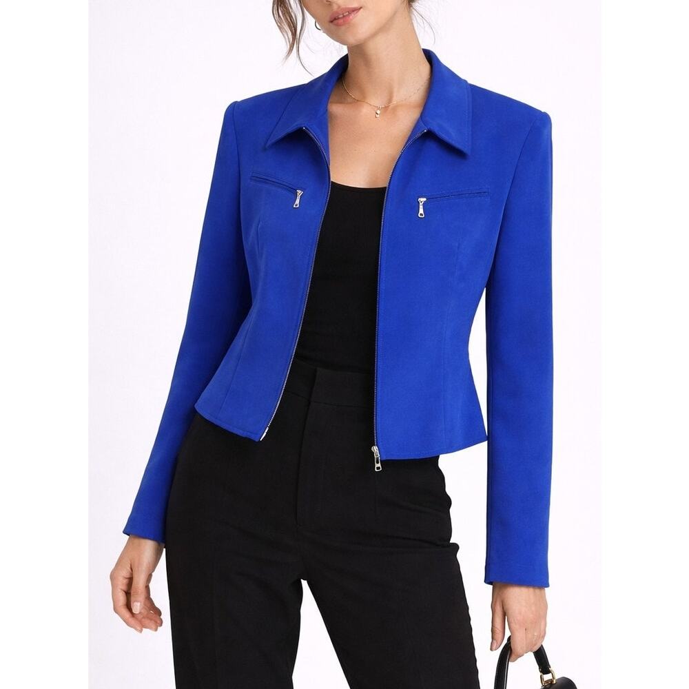 VTG Allison Taylor Silk Lined Zip Blazer Jacket Small Blue 80s Retro Preppy